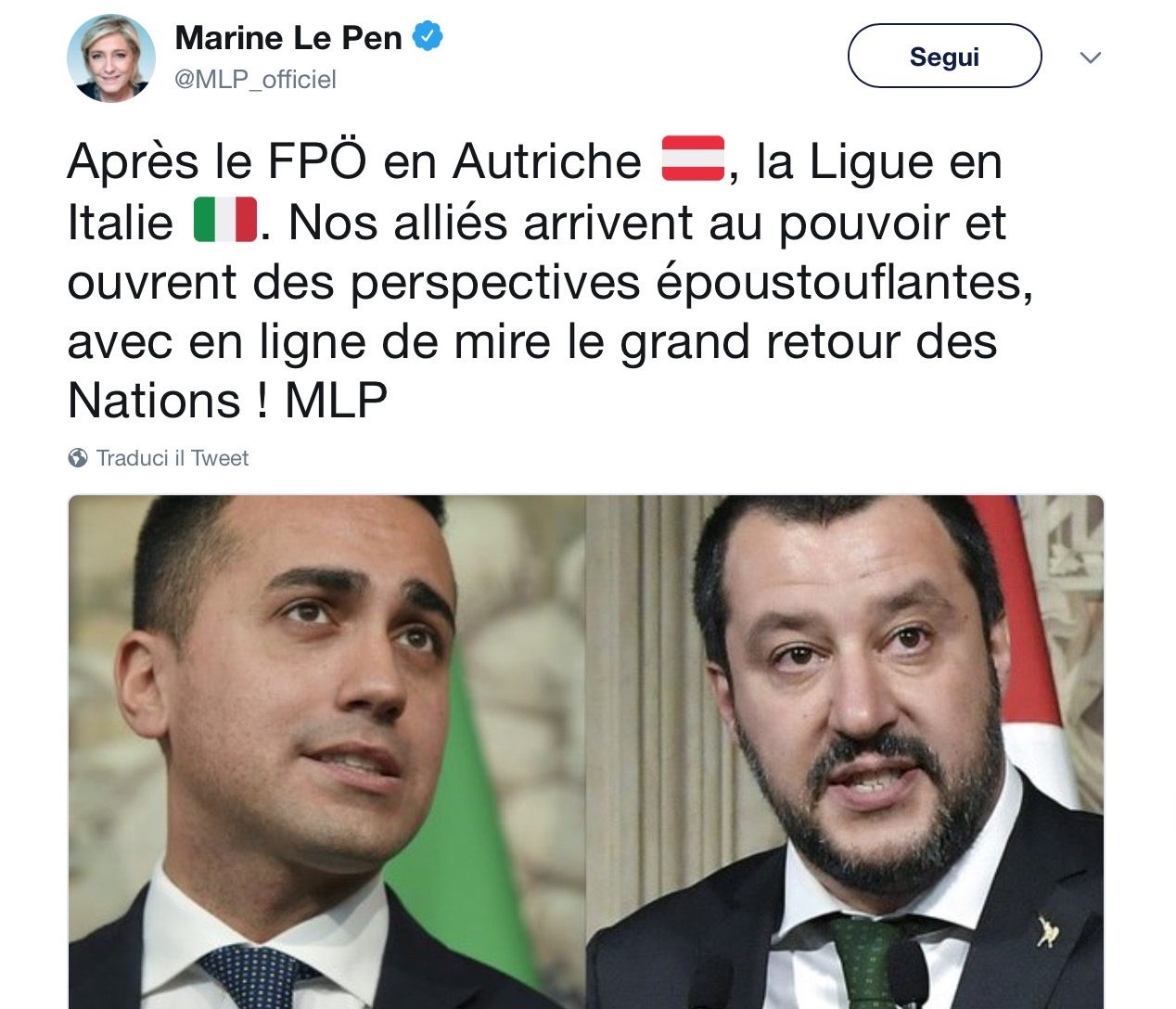 Marine Le Pen elogia Lega su Twitter